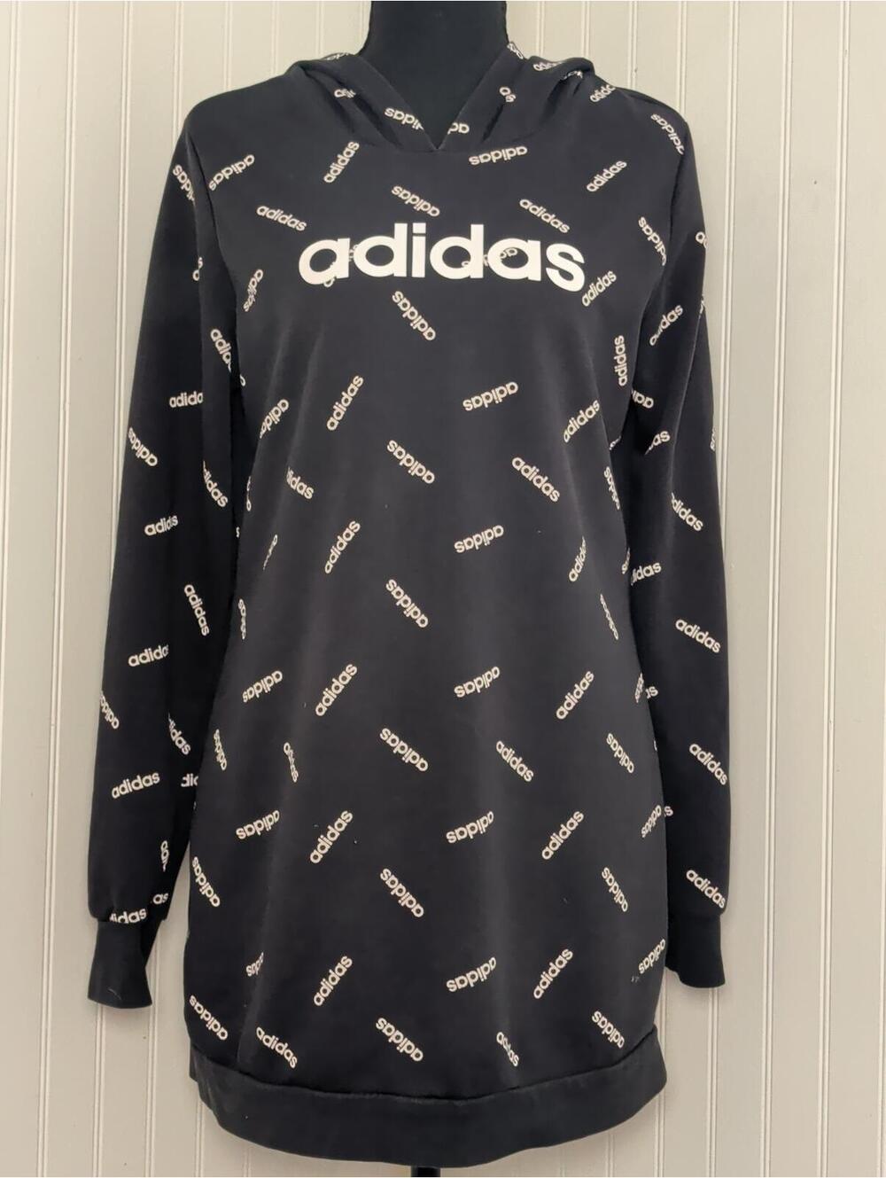 Adidas Black Tunic Hoodie Dress with All-Over Logo Print Size S Athleisure